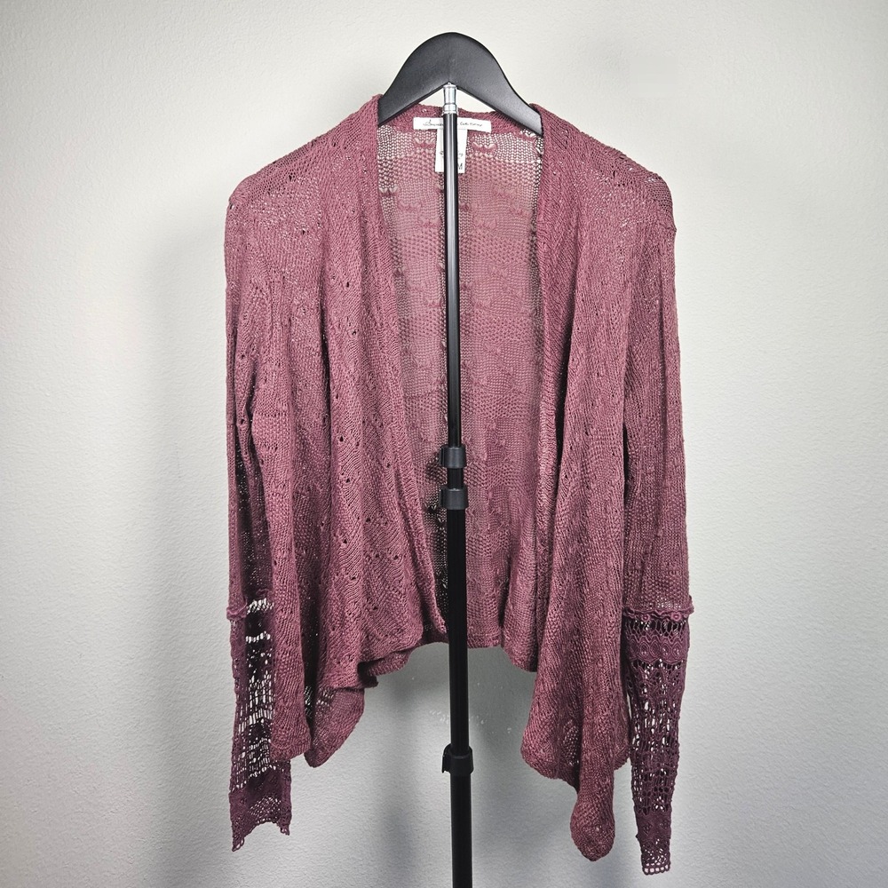 American Rag Cardigan Womens M Purple Crochet Sleeve Pointelle Boho Romantic